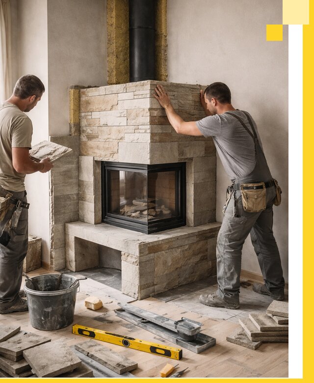 Угловые камины под ключ проект, монтаж и отделка в Чайковском